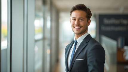 Naklejka premium Smiling businessman in a professional suit, standing confidently in an office setting