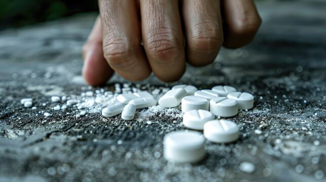 A young individual is depicted fiercely crushing white pills with their hand on a gritty concrete surface symbolizing the fight against drug addiction on International Day against Drug Abus