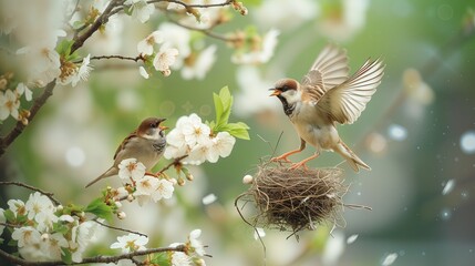 Para ptaków stoi na gałęzi w naturze. Obserwują otoczenie, prawdopodobnie szukają pożywienia lub gotują się do lotu