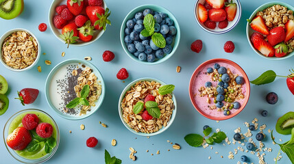 Assorted Healthy Breakfast Bowls with Fresh Fruits