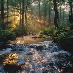 Enchanted forest stream at sunrise