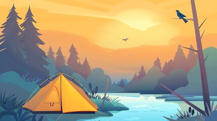 camping tent in the nature of forest with bird on the tree