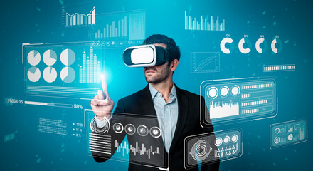 Skilled business man looking data analysis while planning strategy by using visual reality glasses. Professional smart investor checking financial graph holographic while wearing VR goggle. Deviation.