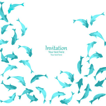 invitation card with watercolor swimming blue fish. ink painting