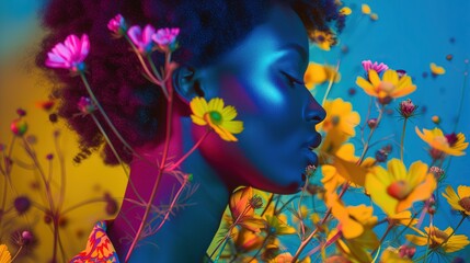 Kobieta o niebieskiej twarzy ma ozdobne kwiaty we włosach. W tle widoczne są kwiaty kwitnące w łące. Obraz przedstawia kontrastowe kolory i piękne detale