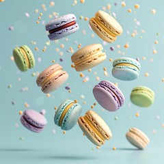 Floating macarons with playful sprinkles in pastel hues