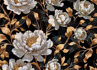 Seamless white roses and gold leaves pattern on black background, luxury design. Generative ai