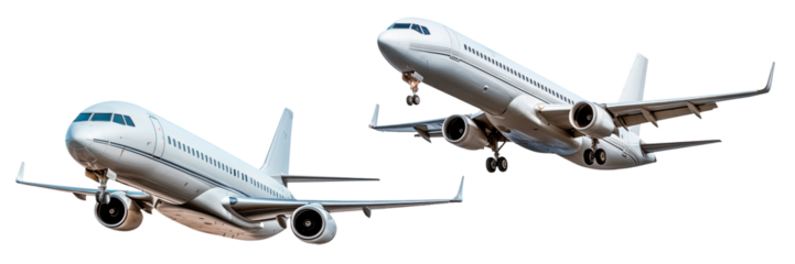 Set of taking off airplanes isolated on a white or transparent background. Close-up of a white airplanes, side view. Concept of vacation, traveling abroad. Graphic design element.