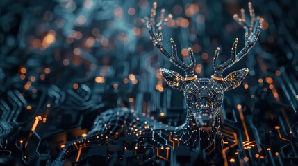 3d rendering illustration of a robotic science fiction deer with glow in a black background for the purpose of advertisement - obrazy, fototapety, plakaty
