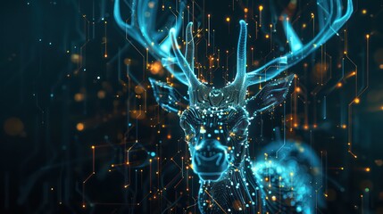 3d rendering illustration of a robotic science fiction deer with glow in a black background for the purpose of advertisement - obrazy, fototapety, plakaty
