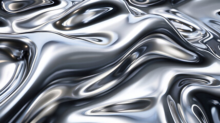 A shiny silver fabric with a wave pattern ,The fabric is reflective and has a metallic sheen ,Metal chrome liquid background abstract texture with waves