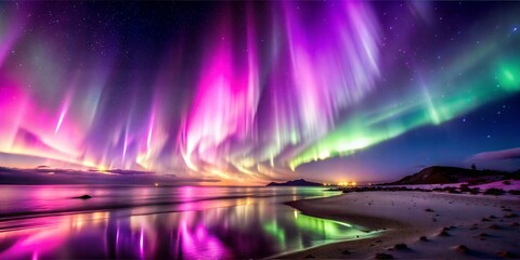  bright purple and pink aurora from a solar storm at the beach, beautiful lighting