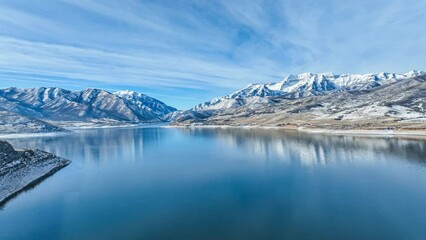 Aerial view of Deer Creek Reservoir with a view Mt. Timponogos