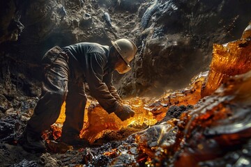 Worker who works in a mine and extracts amber. Mining and processing of amber.