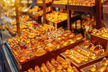Bunch of amber beads for sale in a souvenir shop.