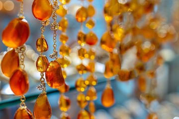 Set of amber beads on sale in the market, close-up