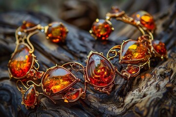 Beautiful necklace with amber stones on a tree in the forest.