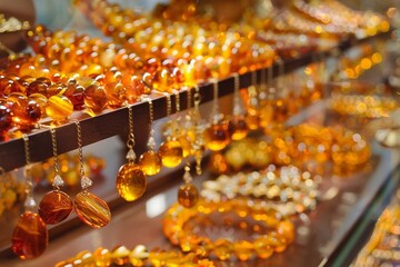 Amber necklace in a shop. A lot of amber jewelry on the counter in a gift shop