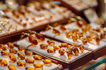 Set of amber beads on sale in a jewelry store, close up