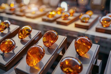 Close-up of amber stones in the shop window of a jewelry store