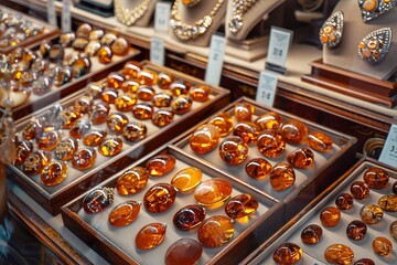 Exposition of precious amber stones in the shop.