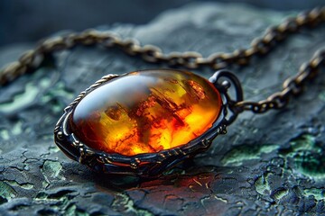 Amber pendant on the background of the texture of the stone