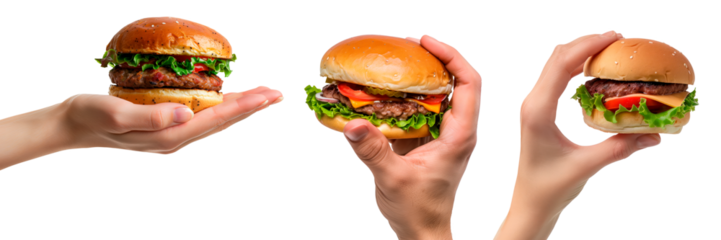 A set of burgers in hands isolated on a white or transparent background. Close-up of a burgers in hands, side view. Unhealthy consumption of fast food. Fast food photography.
