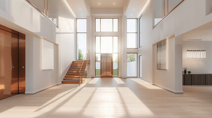 Modern entrance with a copper-colored staircase large front door and light wide hardwood floors reaching to a high ceiling Sleek elegant ambiance