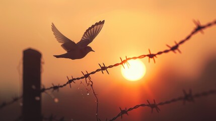 A bird soaring gracefully against the stunning backdrop of a morning sunrise flitting past the glistening strands of barbed wire