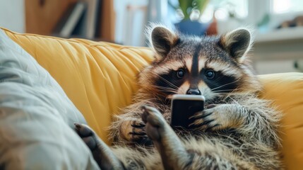 Racoon lies on a sofa while using a cell phone, copy space