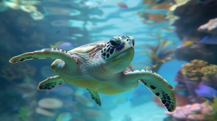 Obraz premium A sea turtle swims in an aquarium at the Aquarium of the Pacific.