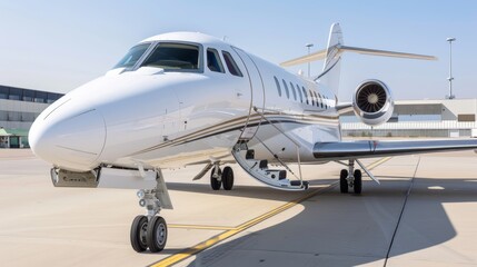 Modern white private jet with lowered open door at airport