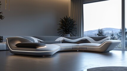 The image shows a futuristic living room with a large, white, curved sofa, and a large window looking out onto a mountain landscape.