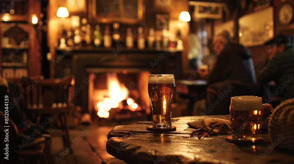 Wall mural highlight the cozy intimacy of a traditional english pub, with patrons gathered around a roaring fir