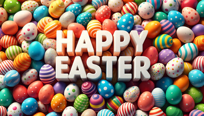 Fototapeta premium The phrase 'HAPPY EASTER' in bold, 3D white letters, set against a backdrop of tightly packed
