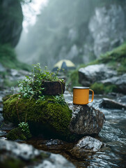 Serene Rainy Day at a Forest Campsite with Wet Wooden Table and Yellow Jars