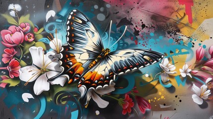 Na obrazie przedstawiony jest motyl unoszący się nad kwiatami na tle ściany. Kwiaty są w pełnym rozkwicie, a motyl delikatnie fruwa wokół nich