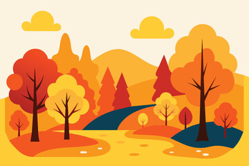 Fototapeta na wymiar Collection of autumn river landscapes for banner, web site, social media. Editable vector illustration with beautuful fall scenery, orange and yellow trees in forest