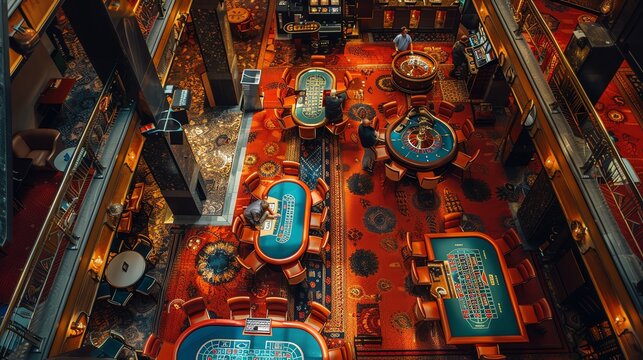 An overhead view of a casino floor showing the layout of gaming tables and machines