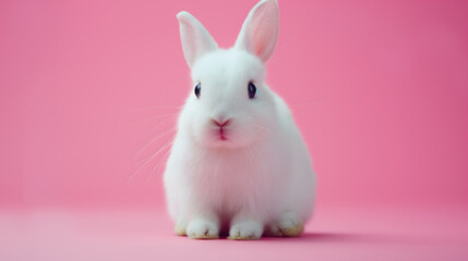 Obraz premium Adorable White Rabbit Sitting Against a Soft Pink Background