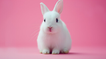 Adorable White Rabbit Sitting Against a Soft Pink Background