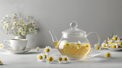 Serene Chamomile Tea Setting with Transparent Teapot and Cup