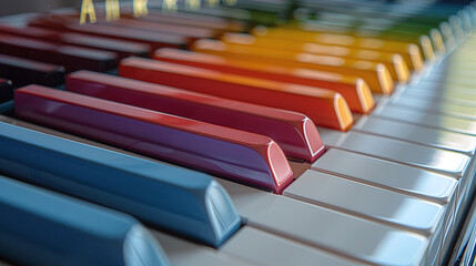 close-up photo of a piano keyboard with rainbow colored keys