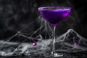 Purple alcoholic cocktail for Halloween on a dark background with a spiderweb. AI generative