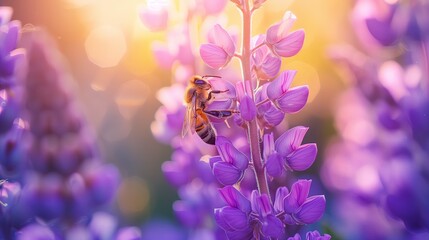 Pszczoła siedzi na jasnofioletowej kwiat, zbierając nektar i zapylając roślinę w ogrodzie