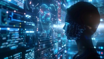 A computer generated face with a blue background by AI generated image
