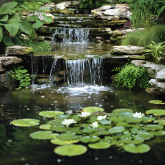 psd  a serene pond with a waterfall, surrounded by lush greenery and white flowers