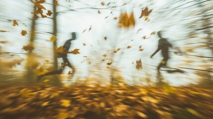 Dwa rozmazane kształty ludzi biegnących w lesie. Drzewa otaczające ścieżkę, ziemia pokryta liśćmi, szum natury