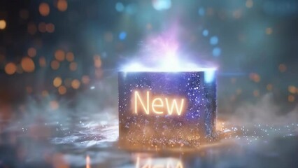A magical scene featuring a box inscribed with "New", emitting a mysterious glow amidst a dark, bokeh-lit backdrop, symbolizing new beginnings or product launches. Promotion and discount offers