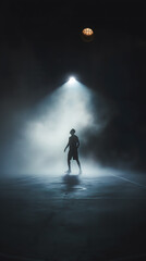 Silhouette of a Basketball Player Preparing for a Game Under Spotlight - obrazy, fototapety, plakaty
